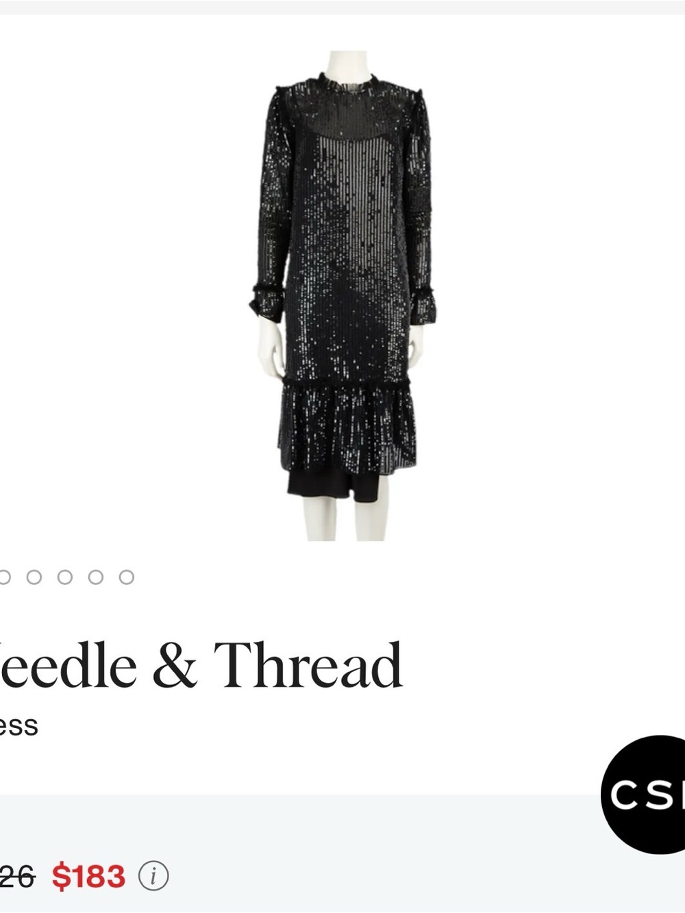 NWOT Needle & Thread Black Sequin Long Sleeve Ruffle-Hem Dress